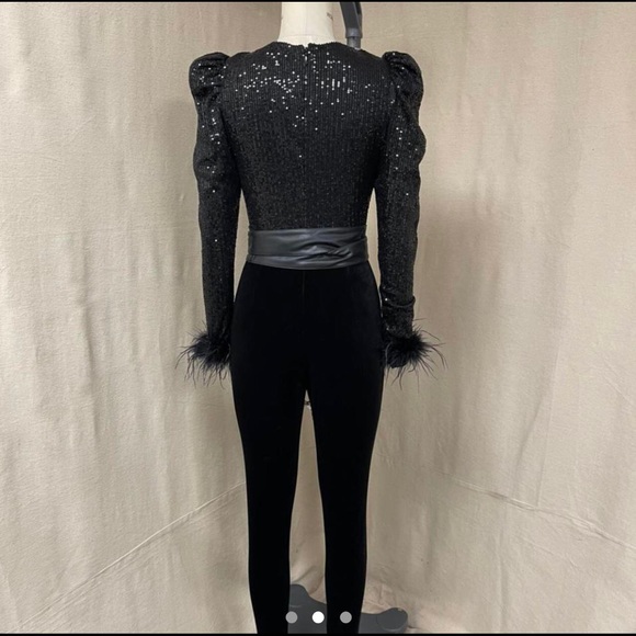 sequin feather embellished catsuit in black velvet - Picture 8 of 10